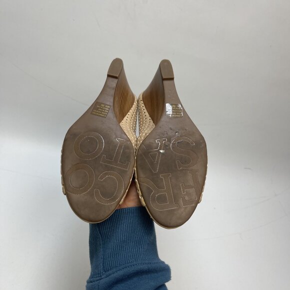 Franco Sarto Ginesa Tan Leather Peep Toe Heels Womens 8M Perforated Faux Leather - Picture 7 of 13